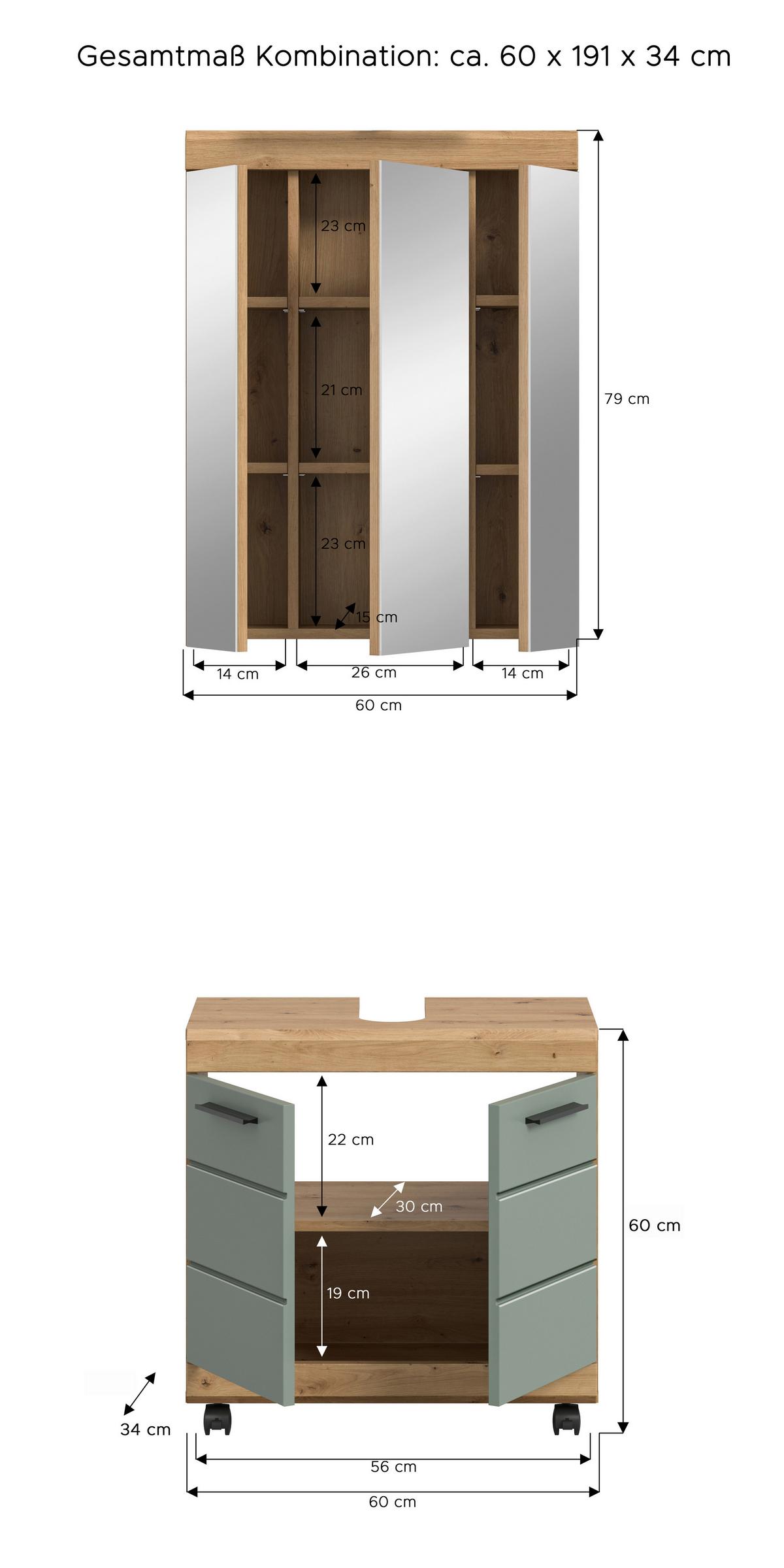 Badezimmer Scout Salbeigrün /Eiche Artisan 2-teilig - Salbeigrün/Schwarz, Trend, Glas/Holzwerkstoff (60cm) - MID.YOU
