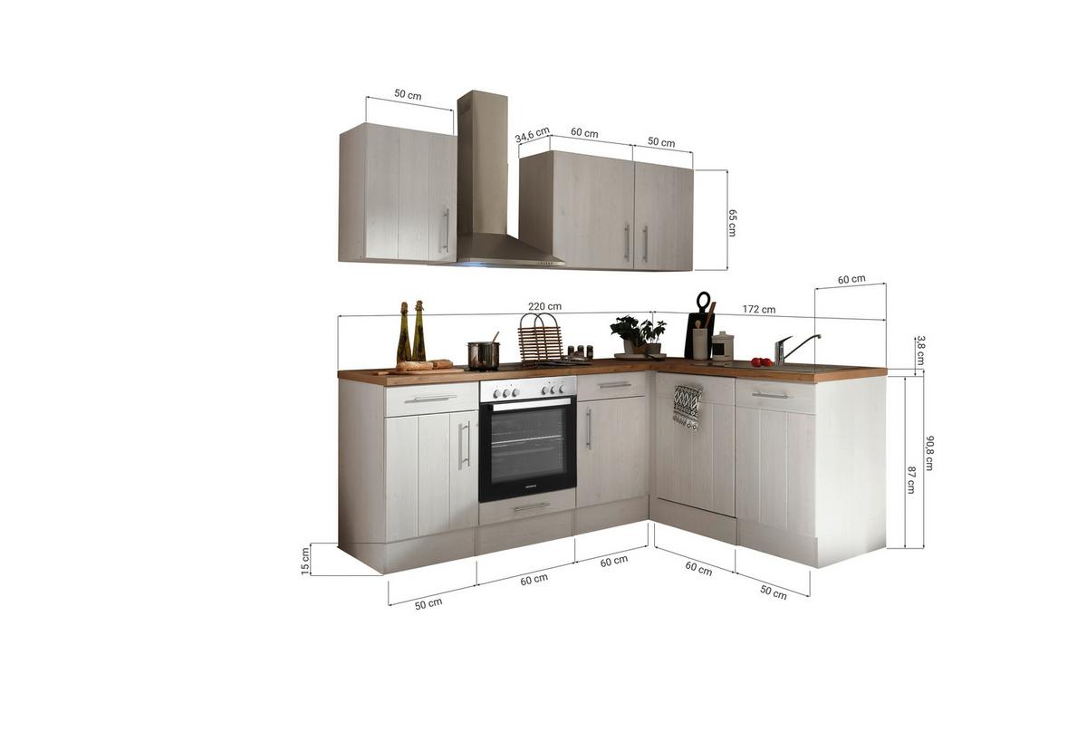 Eckküche Anton Landhaus ohne Geräte ca. 220x172cm Weiß - Wildeiche/Edelstahlfarben, Basics, Holzwerkstoff/Metall (220/172cm) - Respekta