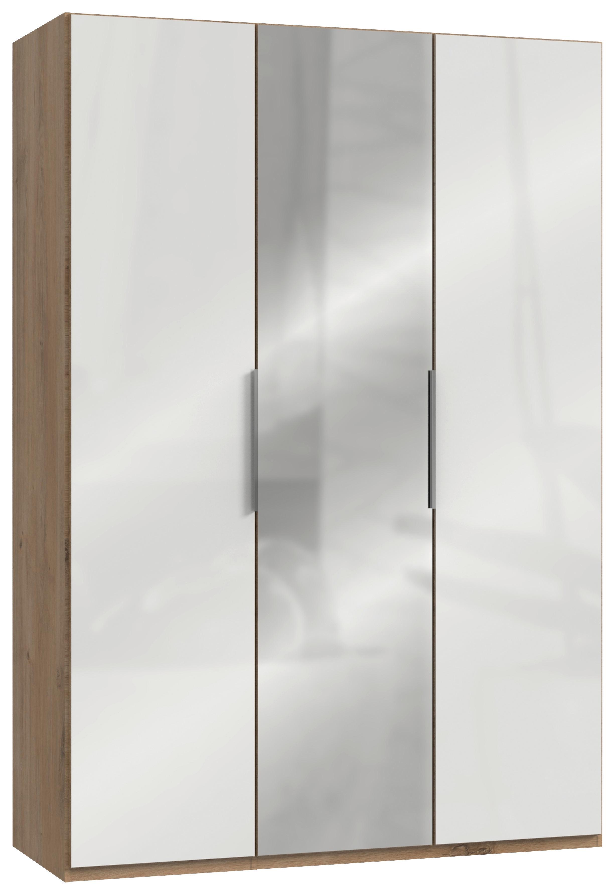 Drehtürenschrank Level 36D mit Spiegel ca. 150cm Weiß/Eiche - Chromfarben/Weiß Hochglanz, MODERN, Holzwerkstoff (150/216/58cm) - MID.YOU