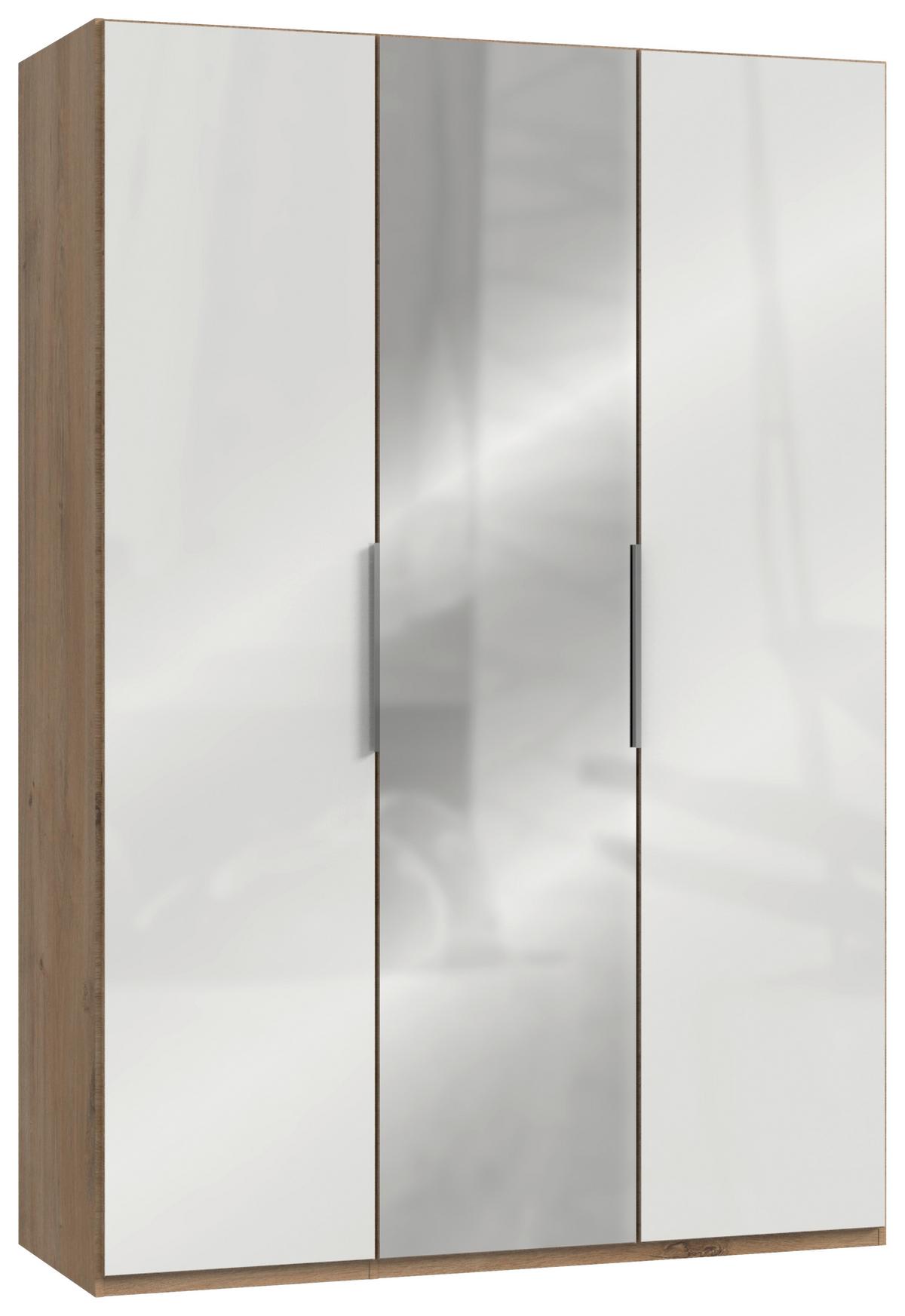 Drehtürenschrank Level 36D mit Spiegel ca. 150cm Weiß/Eiche - Chromfarben/Weiß Hochglanz, MODERN, Holzwerkstoff (150/216/58cm) - MID.YOU
