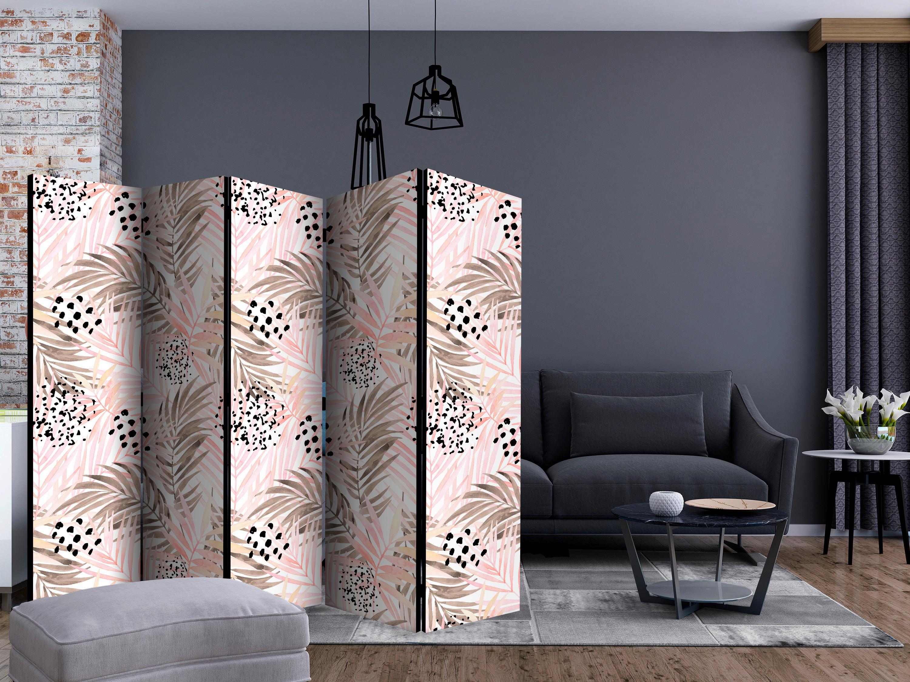 Paravan Pink Palm Leaves I, 5-Delni, Dvostranski - pink/bela, Basics, tekstil/les (225/172/3cm) - artgeist