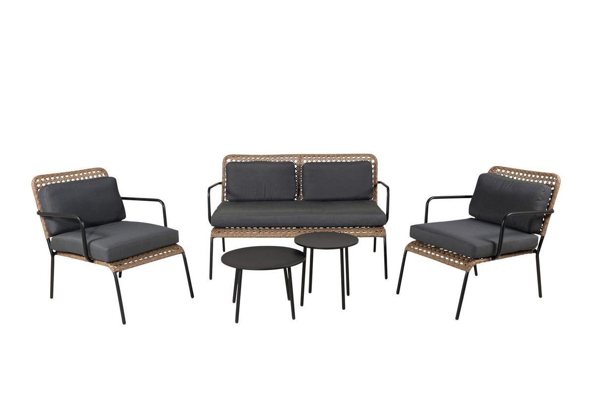 Loungegarnitur Paola 5-tlg. Rattan geflecht - Dunkelgrau/Schwarz, KONVENTIONELL, Naturmaterialien/Holz - Gardenson