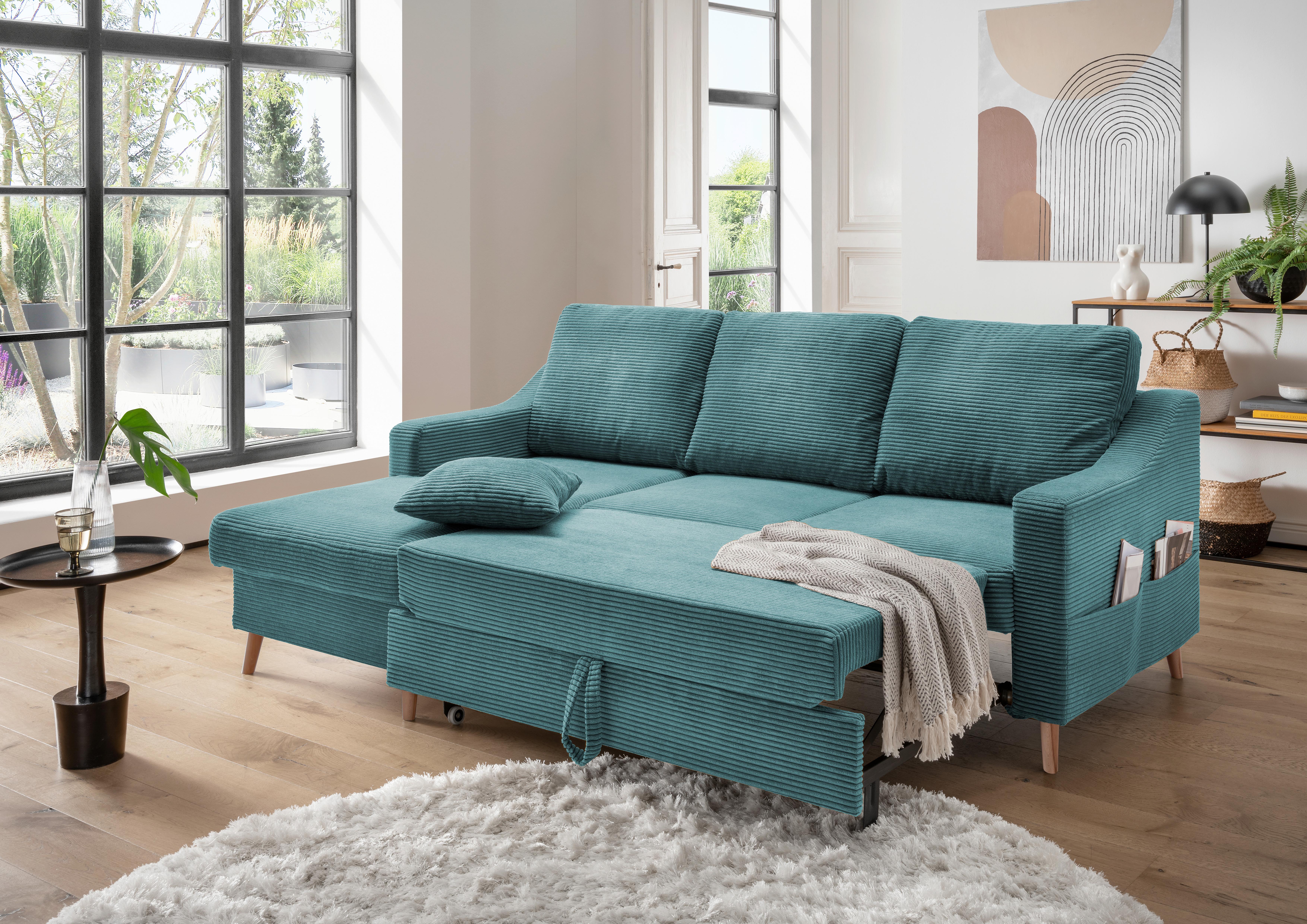 Ecksofa Valentina Petrol Cord - Petrol/Naturfarben, Design, Holz/Textil (150/228cm) - P & B