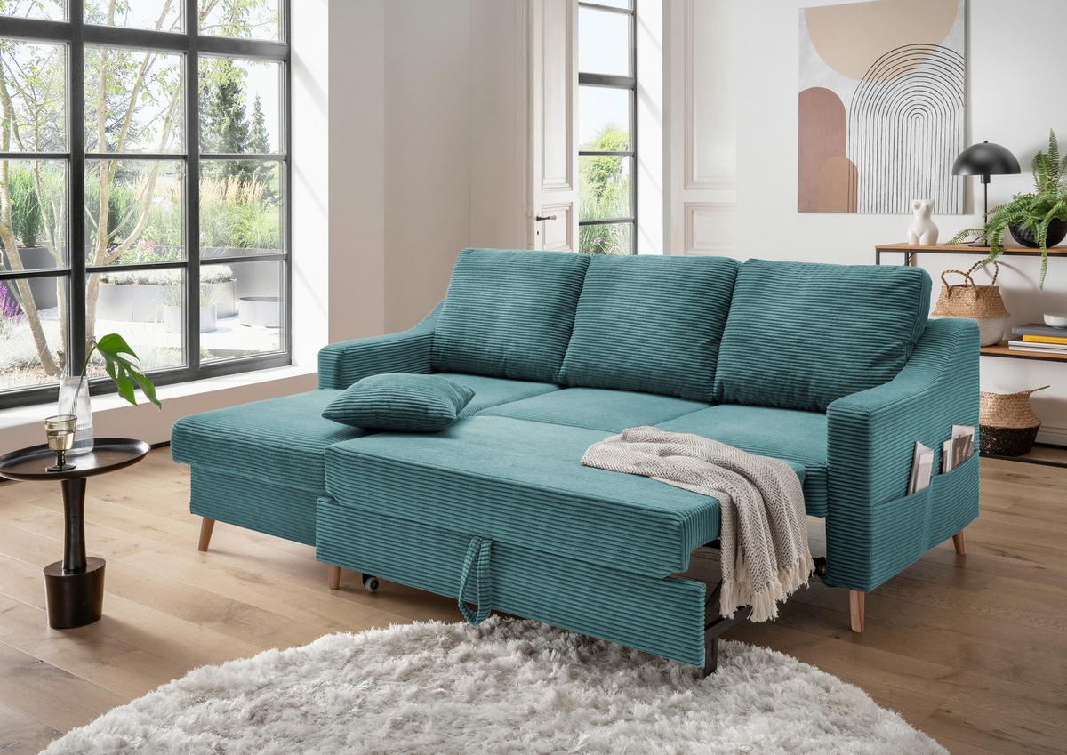 Ecksofa Valentina Petrol Cord - Petrol/Naturfarben, Design, Holz/Textil (150/228cm) - P & B