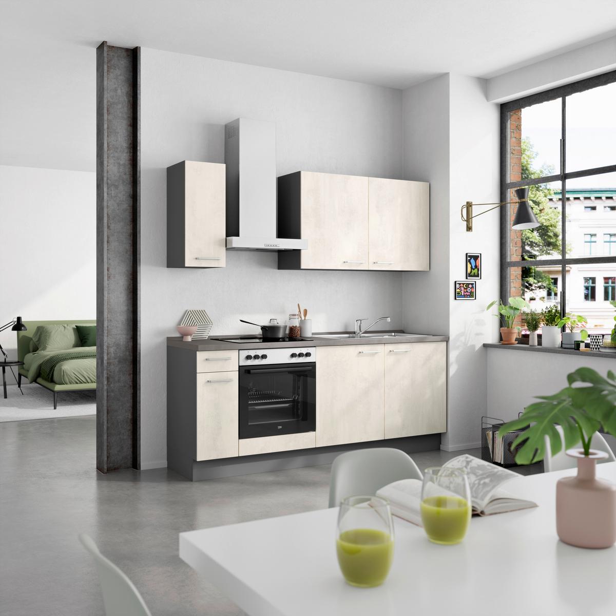 Küchenblock Riva Low m. Geräten Weiß - Schieferfarben/Edelstahlfarben, MODERN, Holzwerkstoff/Metall (210cm) - Nobilia