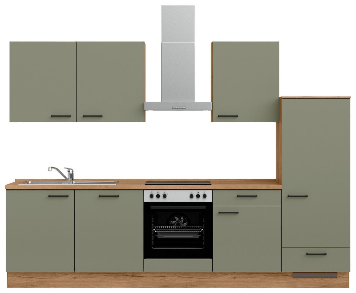 Küchenleerblock Senso Low o. Geräte Olivgrün - Eichefarben/Schwarz, MODERN, Holzwerkstoff/Metall (300cm) - Nobilia