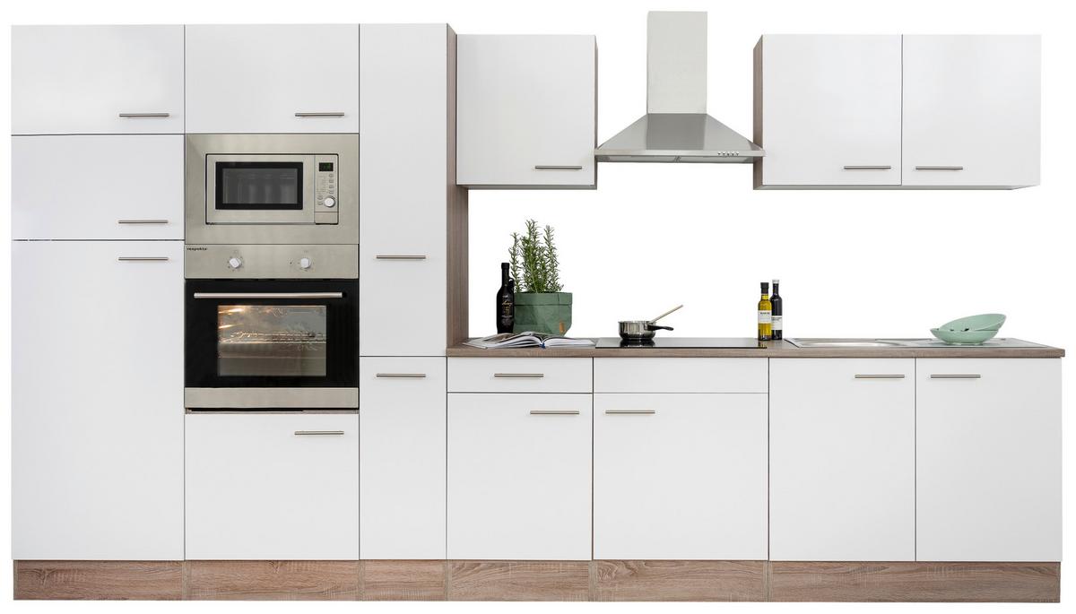 Küchenblock mit Geräten Weiß/Eiche B: ca. 360 cm - Edelstahlfarben/Eichefarben, Design, Holzwerkstoff/Metall (360cm) - Respekta