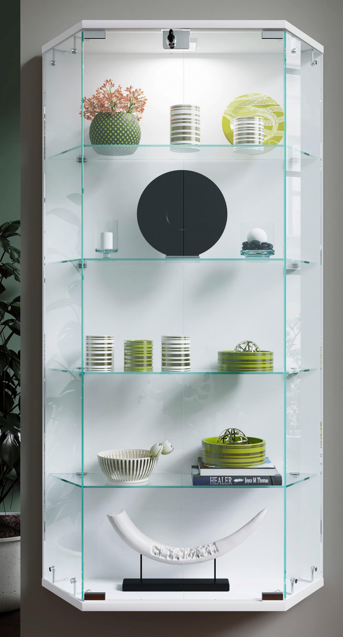 Vitrina Benila L, Bela - bela/prosojno, Design, steklo/leseni material (83/114/17cm) - MID.YOU