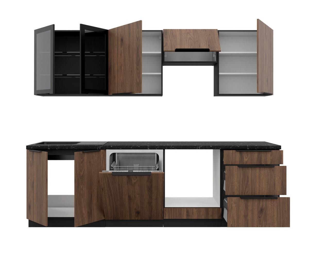 Blok Kuhinja Monza - boje oraha/crna, Moderno, staklo/drvni materijal (260/210/60cm) - Modern Living