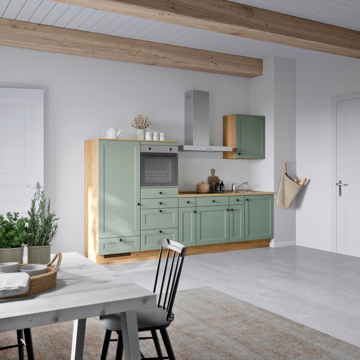 Küchenblock Cascada Low m. Geräten Schilfgrün - Schilfgrün/Eichefarben, MODERN, Holzwerkstoff/Metall (300cm) - Nobilia