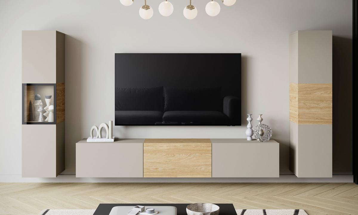 Wohnwand mit LED Berlin III Kaschmir/Eichefarben - Kaschmir/Eichefarben, Design, Glas/Holzwerkstoff (240/130/31cm) - P & B