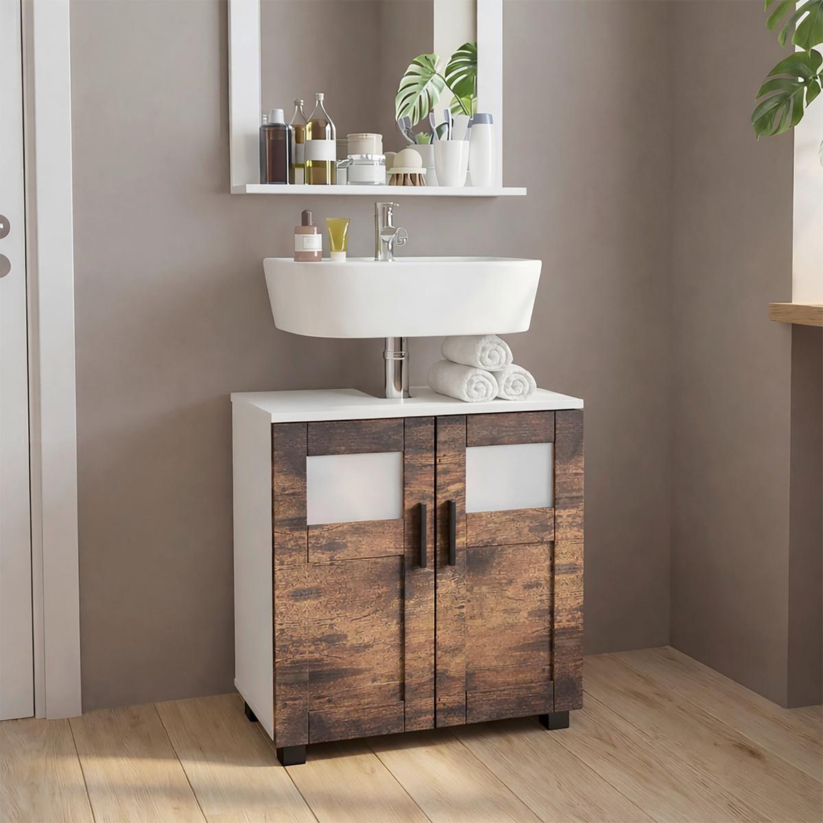 Waschbeckenunterschrank Nilari - Weiss/Eichefarben, Trend, Glas/Holzwerkstoff (60/60/29cm) - MID.YOU