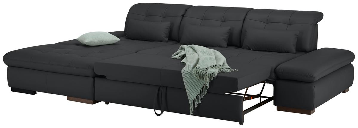 Wohnlandschaft Sanfino Leder Schwarz - Chromfarben/Schwarz, KONVENTIONELL, Leder/Metall (199/79-96/305cm) - Premium Living