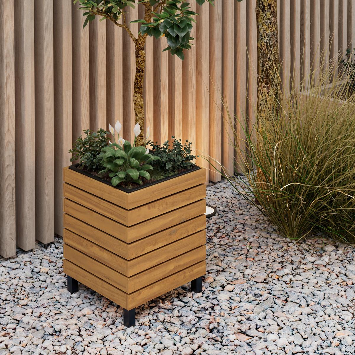 Hochbeet Marlo Echttholz massiv ca. 35x41x35 cm - Schwarz/Akaziefarben, MODERN, Holz/Kunststoff (35/41/35cm) - Bessagi Garden