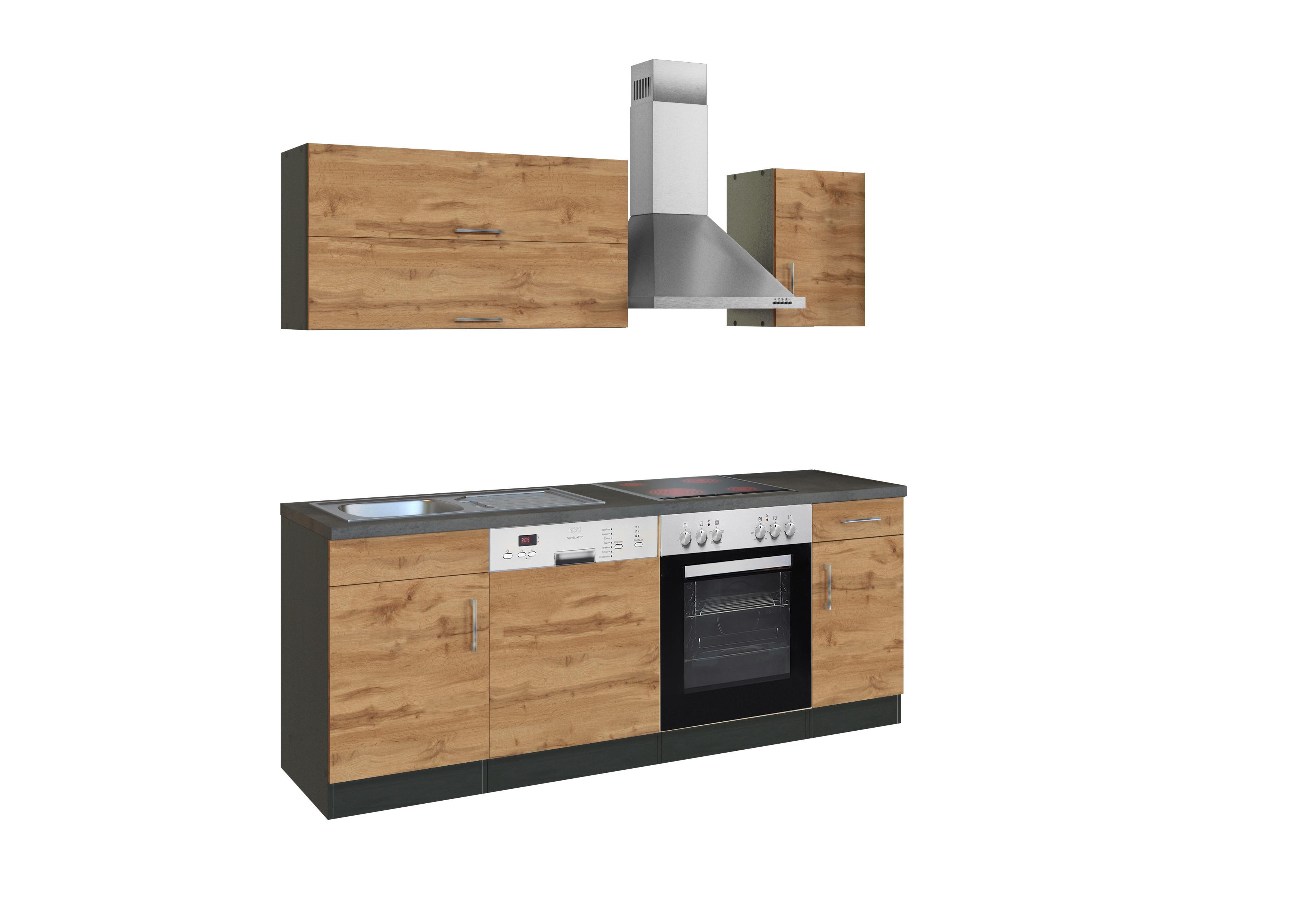 Küchenblock Sorrento mit Geräten ca. 210 cm Eichefarben - Chromfarben/Schieferfarben, MODERN, Holzwerkstoff/Metall (210cm) - Held