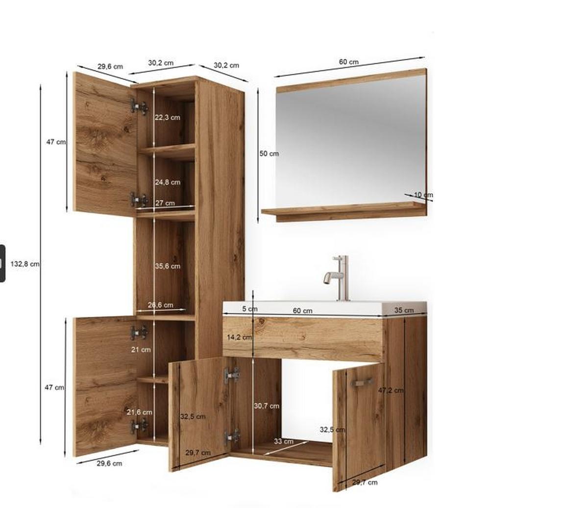 Kopalnica Montreal, Antracit, Bela, 4-Delno - hrast wotan/bela, Trendi, kovina/leseni material (90cm) - P & B