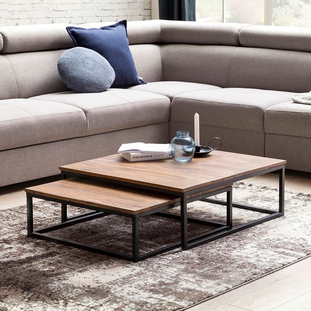 COUCHTISCHSET 2-er Set, aus Sheesham - Sheeshamfarben/Schwarz, Design, Holz/Metall (75/75/27cm) - MID.YOU