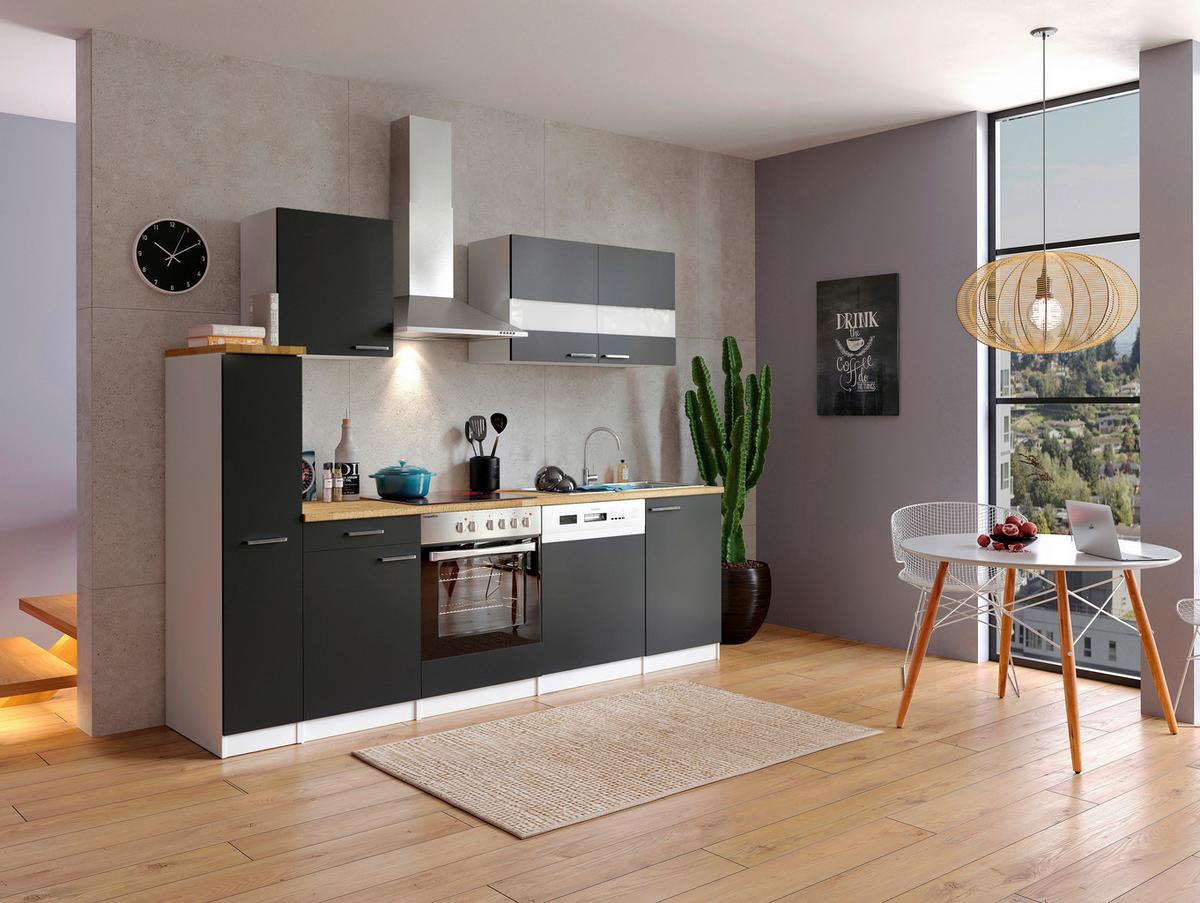 Küchenzeile Economy m. Geräten Schwarz/Nussbaum B: ca. 250 cm - Edelstahlfarben/Nussbaumfarben, Basics, Holzwerkstoff/Metall (250cm) - Respekta