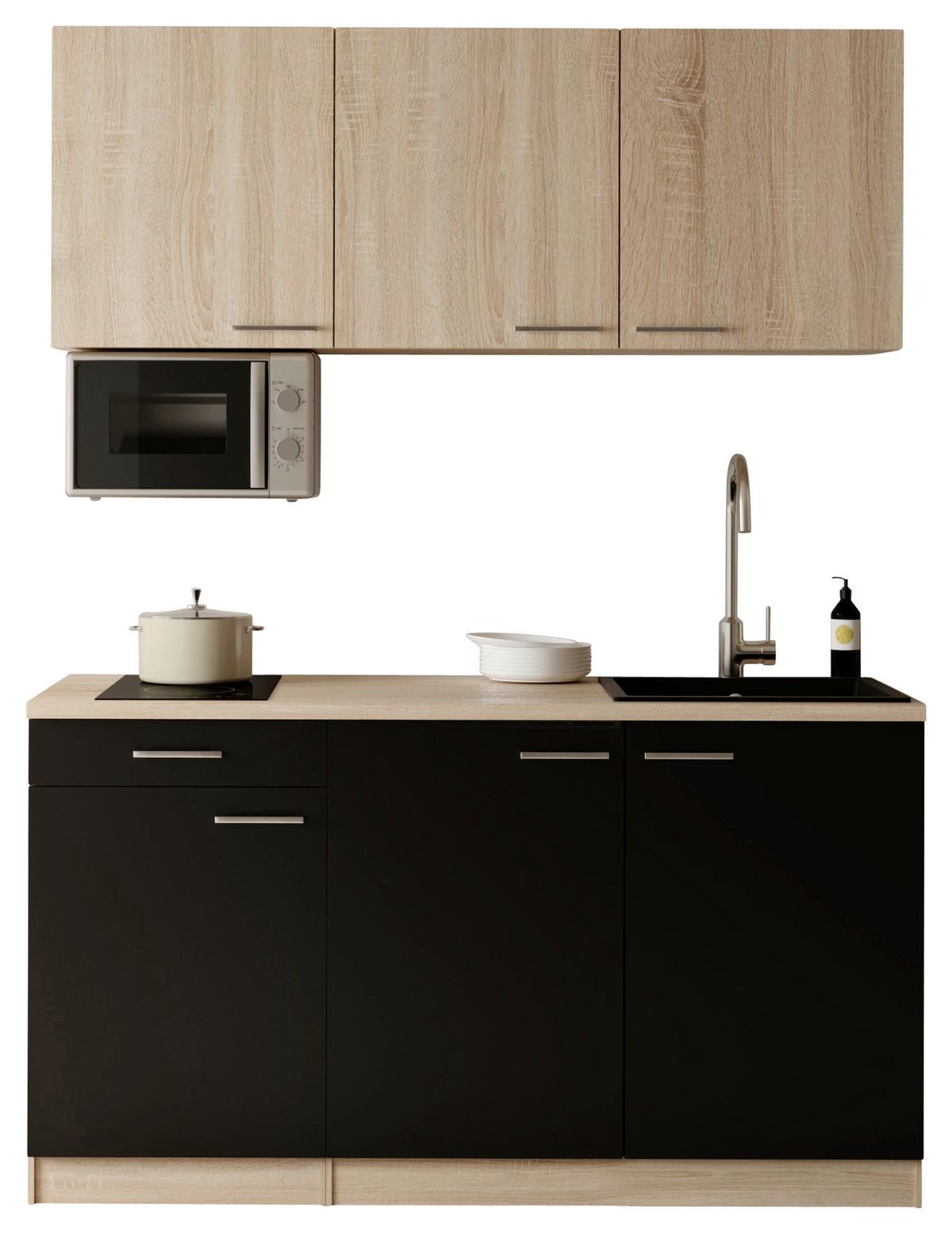 Miniküche Ingrid m. Geräten ca. 150cm Schwarz - Eichefarben/Schwarz, Design, Holzwerkstoff/Kunststoff (150cm) - Respekta