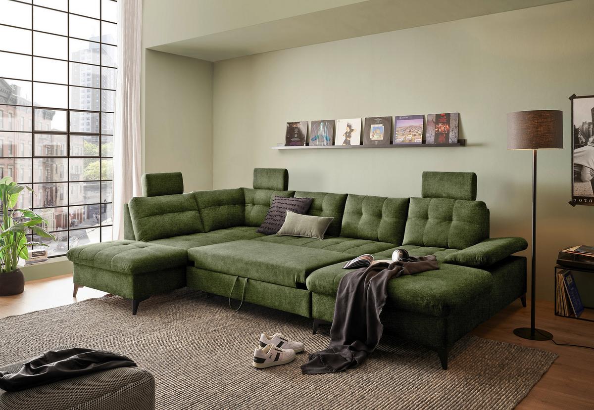 Wohnlandschaft Durban U ca. 218x324x170 cm Olivgrün - Schwarz/Olivgrün, KONVENTIONELL, Kunststoff/Textil (218/324/170cm) - MID.YOU