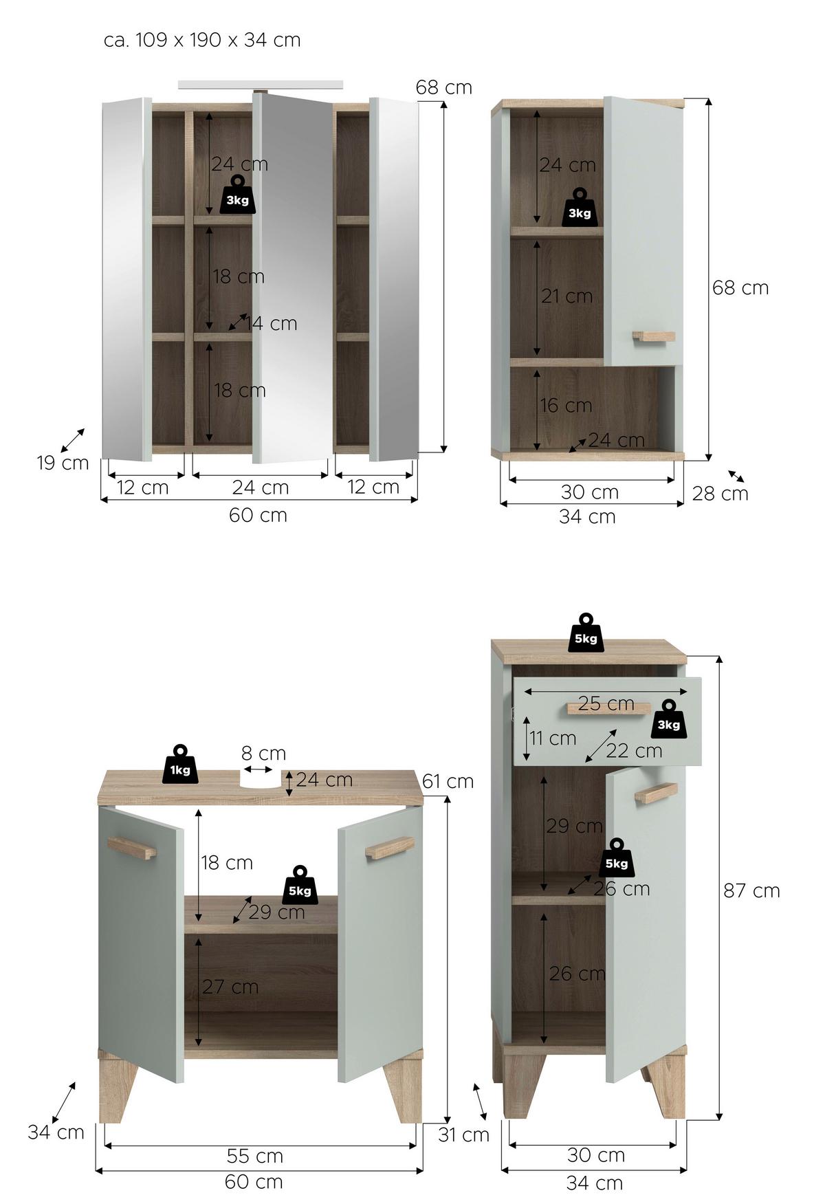 Badezimmer Star 5-tlg. ca. 94 cm Eiche/Graugrün - Eichefarben/Hellgrün, MODERN, Holzwerkstoff/Kunststoff (94cm) - MID.YOU