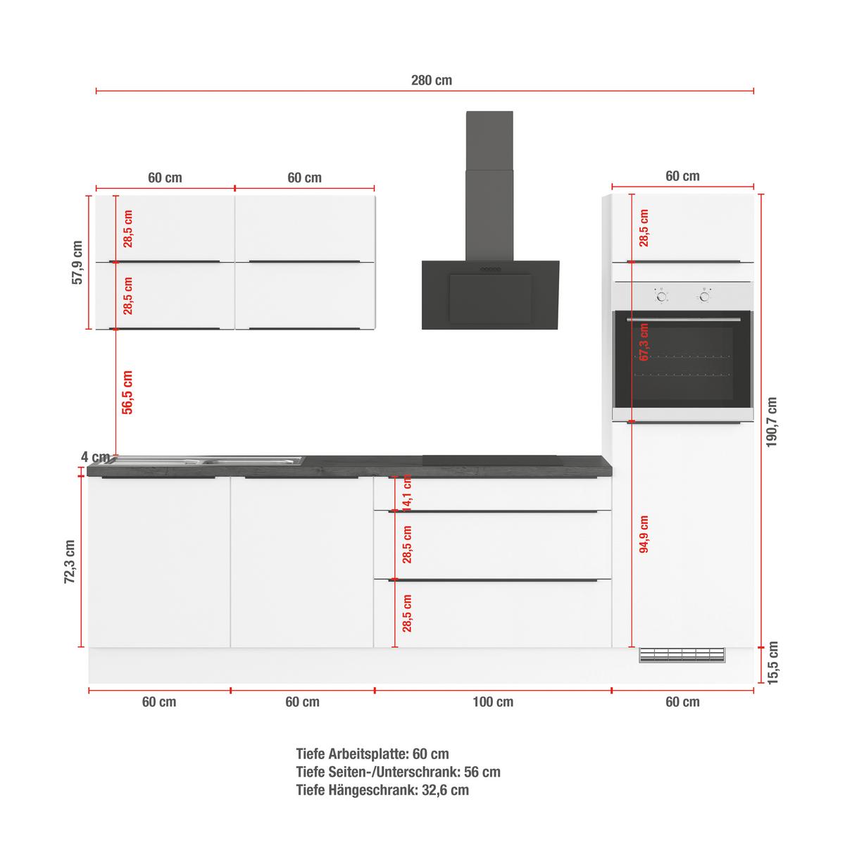 Küchenblock IBZ ohne Geräte ca. 280 cm Dunkelgrau - Eiche dunkel/Graphitfarben, Design, Holzwerkstoff/Metall (280cm) - Impuls