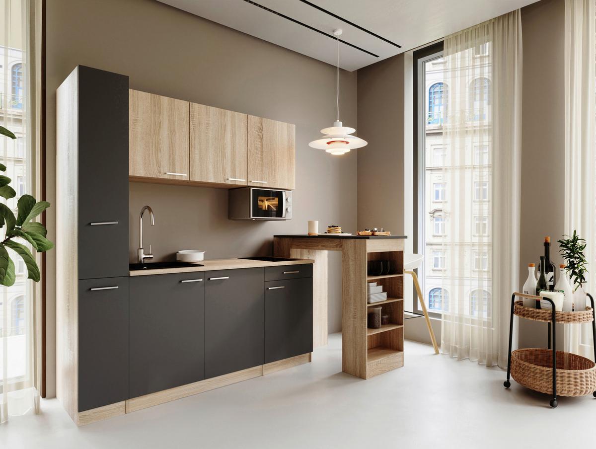 Küchenblock Ingrid m. Geräten Grau - Eichefarben/Alufarben, Design, Holzwerkstoff/Kunststoff (180cm) - Respekta