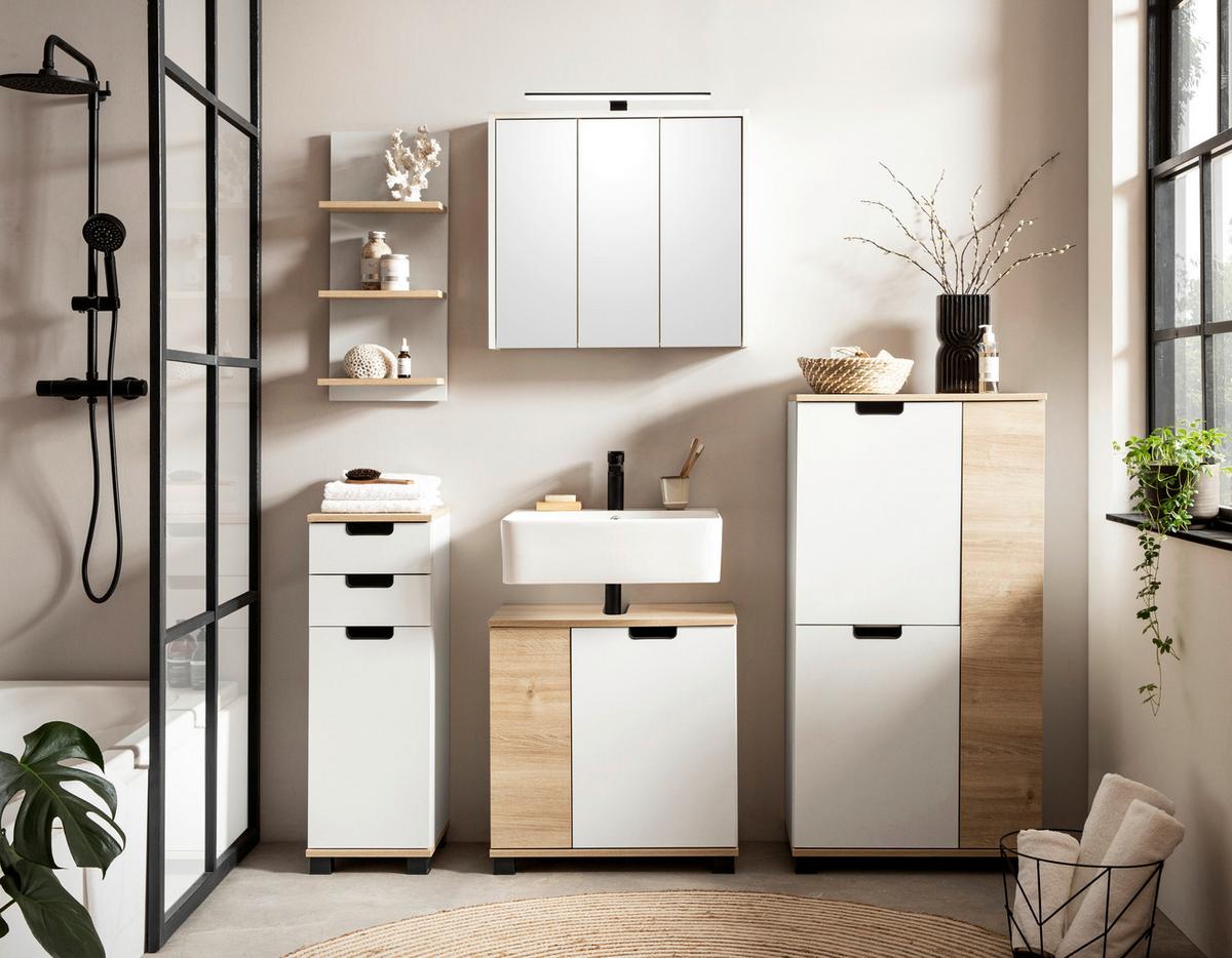 Kopalniški Regal Emmik, Bela, Barva Hrasta - barve hrasta/bela, Moderno, leseni material (30,3/70,2/17,5cm) - Stylife