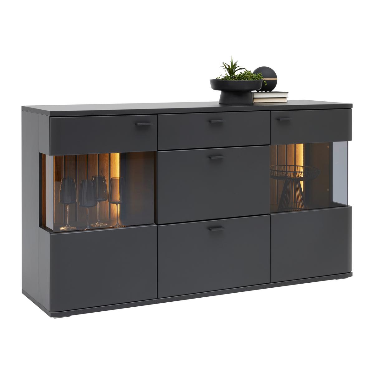 Sidebaord Carreto Schwarz/Eichefarben - couleur de chêne/noir, Modern, verre/métal (160/90/44cm) - Premium Living