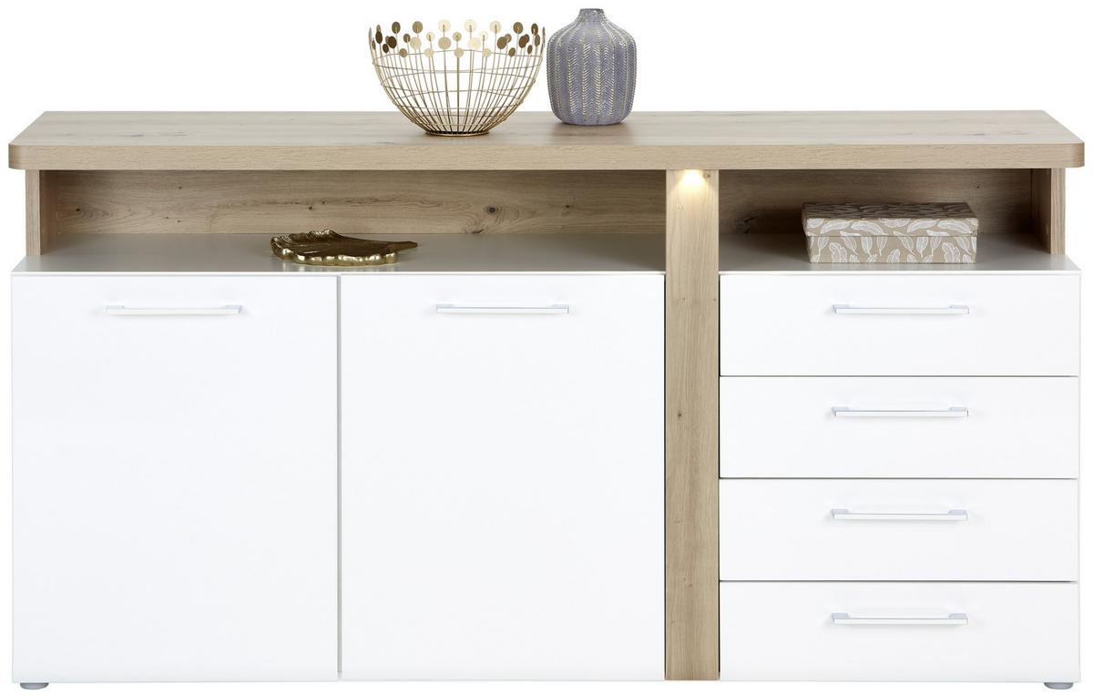 Comodă cu uși VIOLA - alb/culoare lemn stejar, Modern, plastic/metal (163,2/85,9/43,2cm) - Premium Living