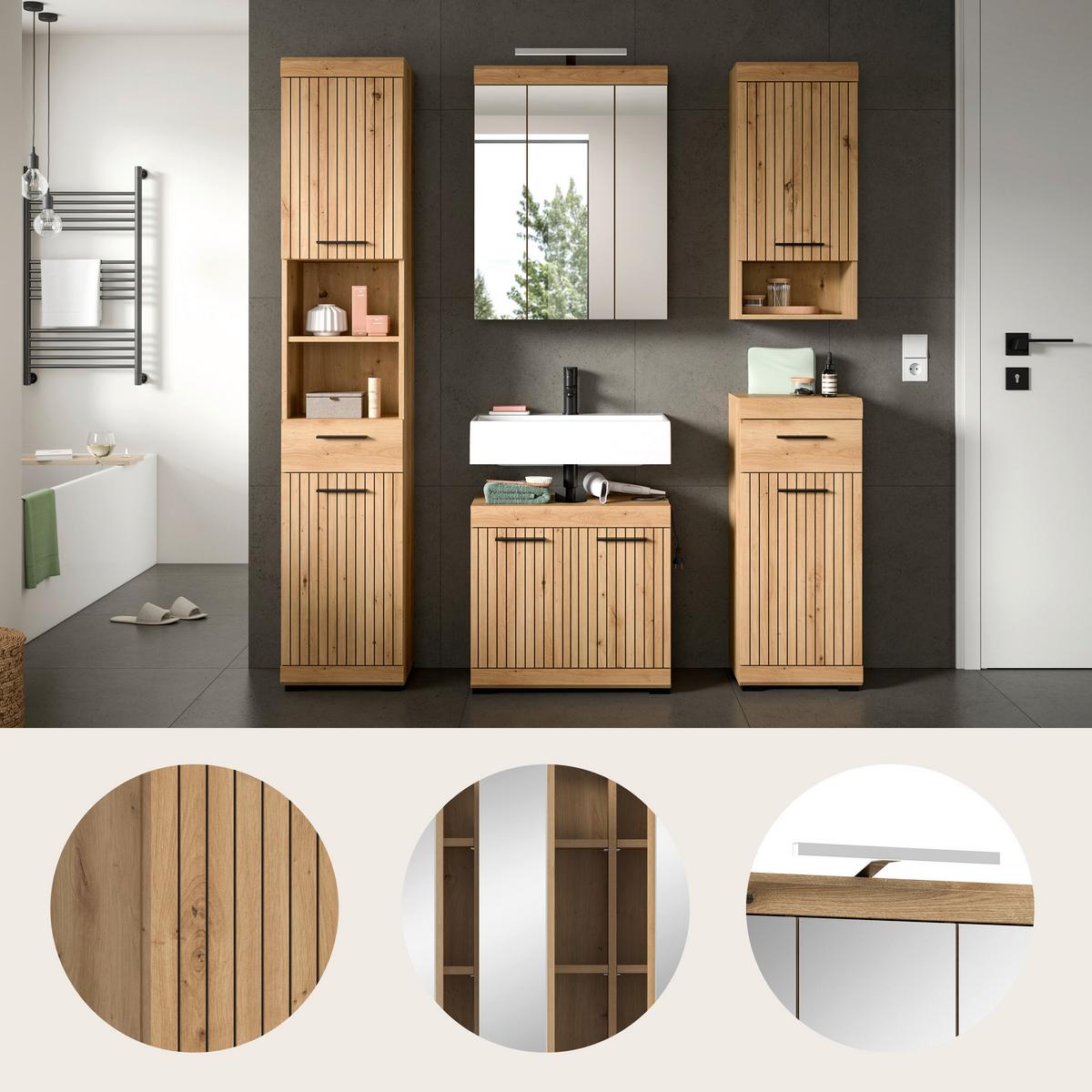 Badezimmer Scout Eiche Artisan 5-teilig - Schwarz/Eiche Artisan, Trend, Glas/Holzwerkstoff (134cm) - MID.YOU