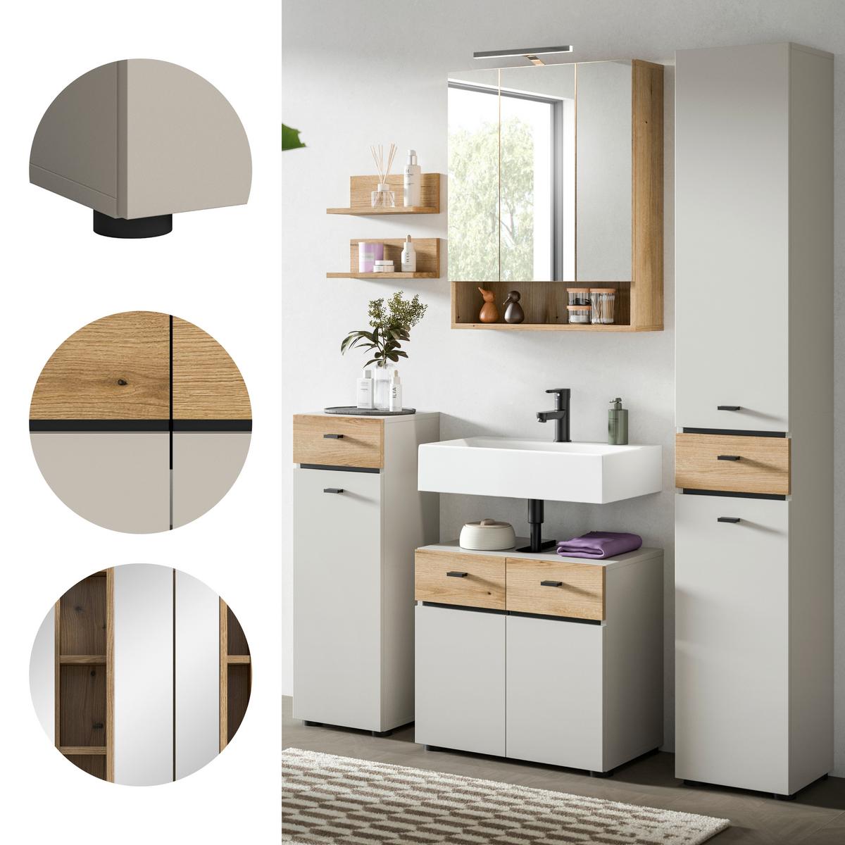 Badezimmer Aqua Eichefarben/Kaschmir 5-teilig - Kaschmir/Eichefarben, Trend, Glas/Holzwerkstoff (124cm) - MID.YOU
