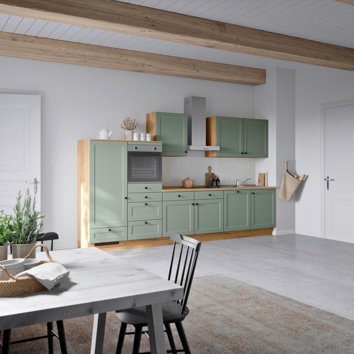 Küchenblock Cascada Low m. Geräten Schilfgrün - Schilfgrün/Eichefarben, MODERN, Holzwerkstoff/Metall (360cm) - Nobilia