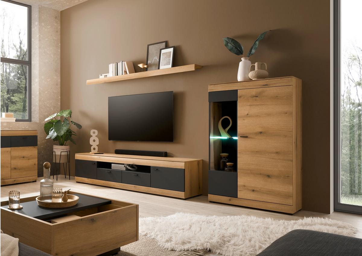 WOHNWAND SOLETO - Eichefarben/Graphitfarben, Design, Glas/Holzwerkstoff (300/170/45cm) - MID.YOU