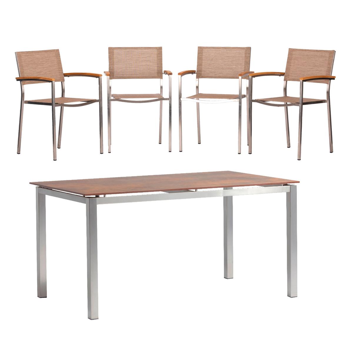 Gartengarnitur 5-tlg. Skye Metall/Textil - Platinfarben/Braun, Basics, Holzwerkstoff/Textil (150/75/90cm) - Gardenson