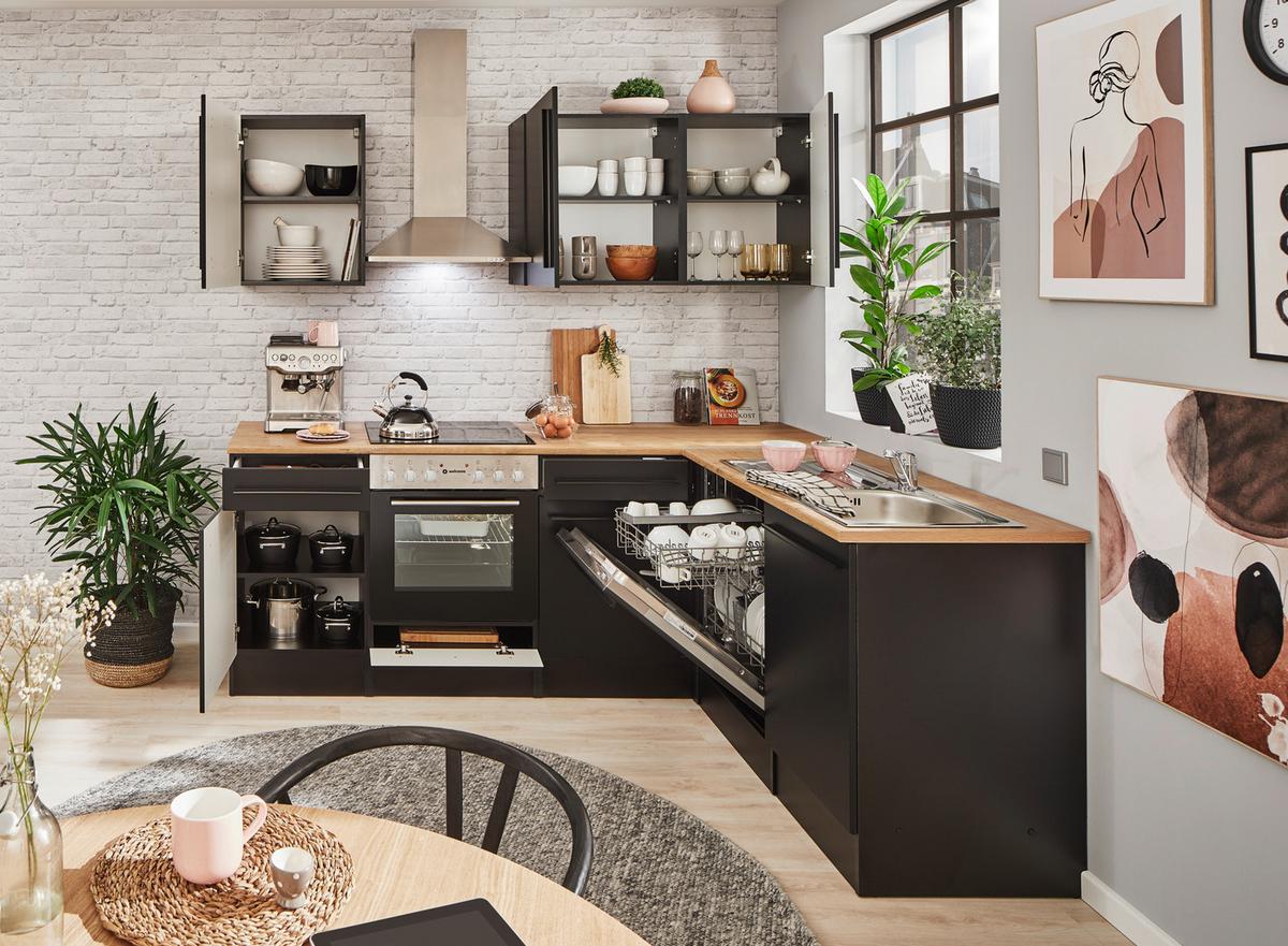 Eckküche Jazz mit Geräten ca.220x175cm Schwarz - Eichefarben/Schwarz, LIFESTYLE, Holzwerkstoff/Kunststoff (220/175/60/60cm) - P & B