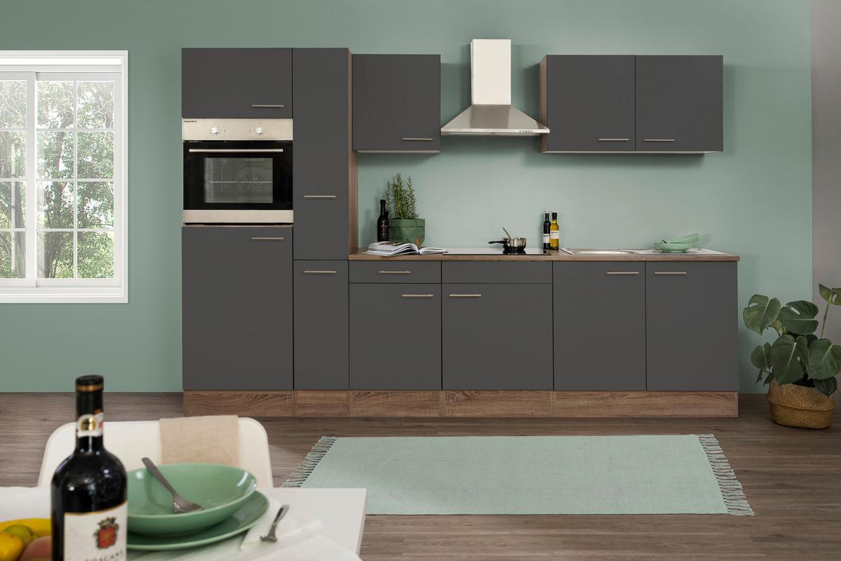 Küchenzeile mit Geräte Grau /Eiche Dekor B: ca. 300 cm - Edelstahlfarben/Eichefarben, Design, Holzwerkstoff/Metall (300cm) - Respekta