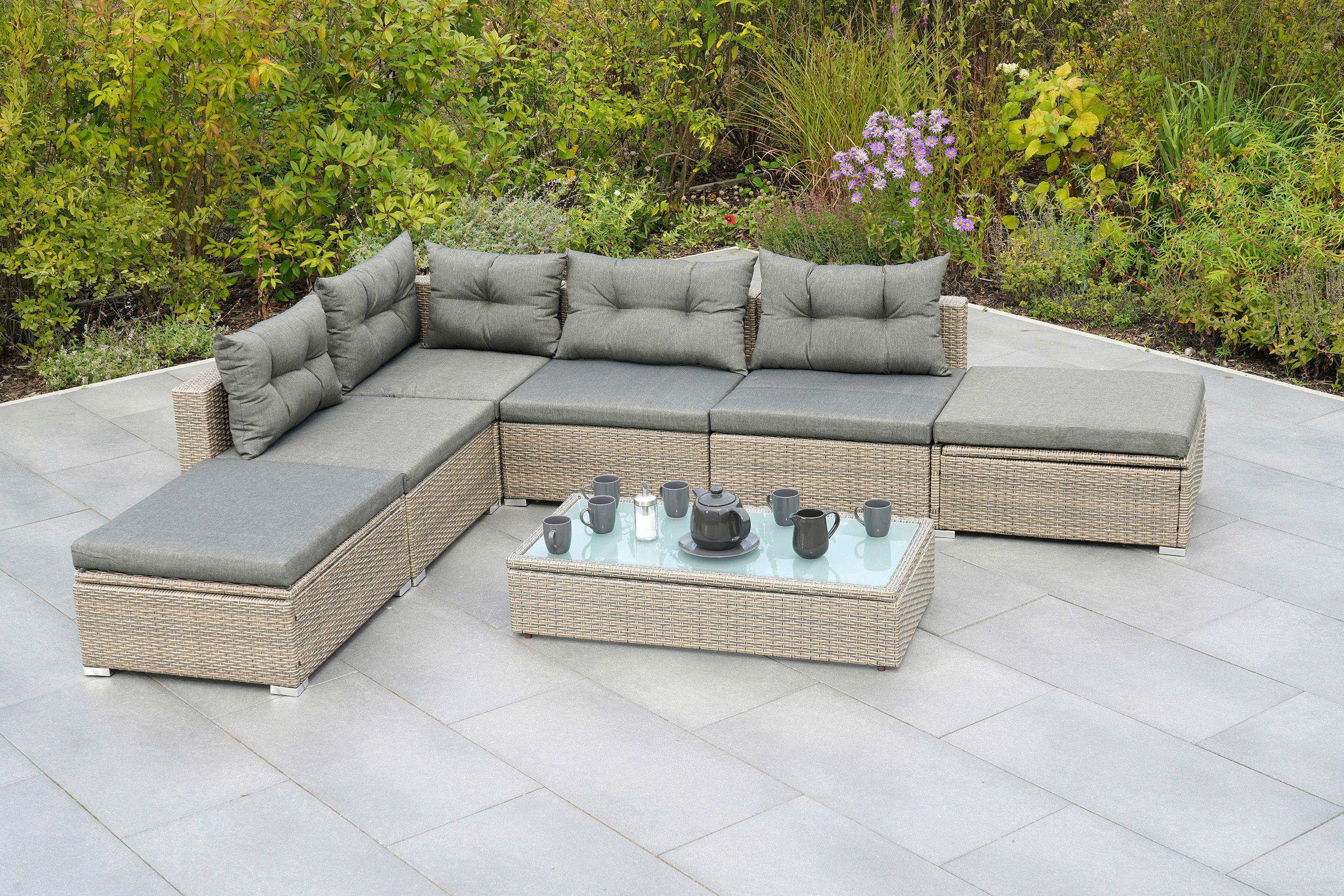 Loungegarnitur Vilemanzano in Naturfarben - Naturfarben/Grau, MODERN, Glas/Kunststoff - Gardenson