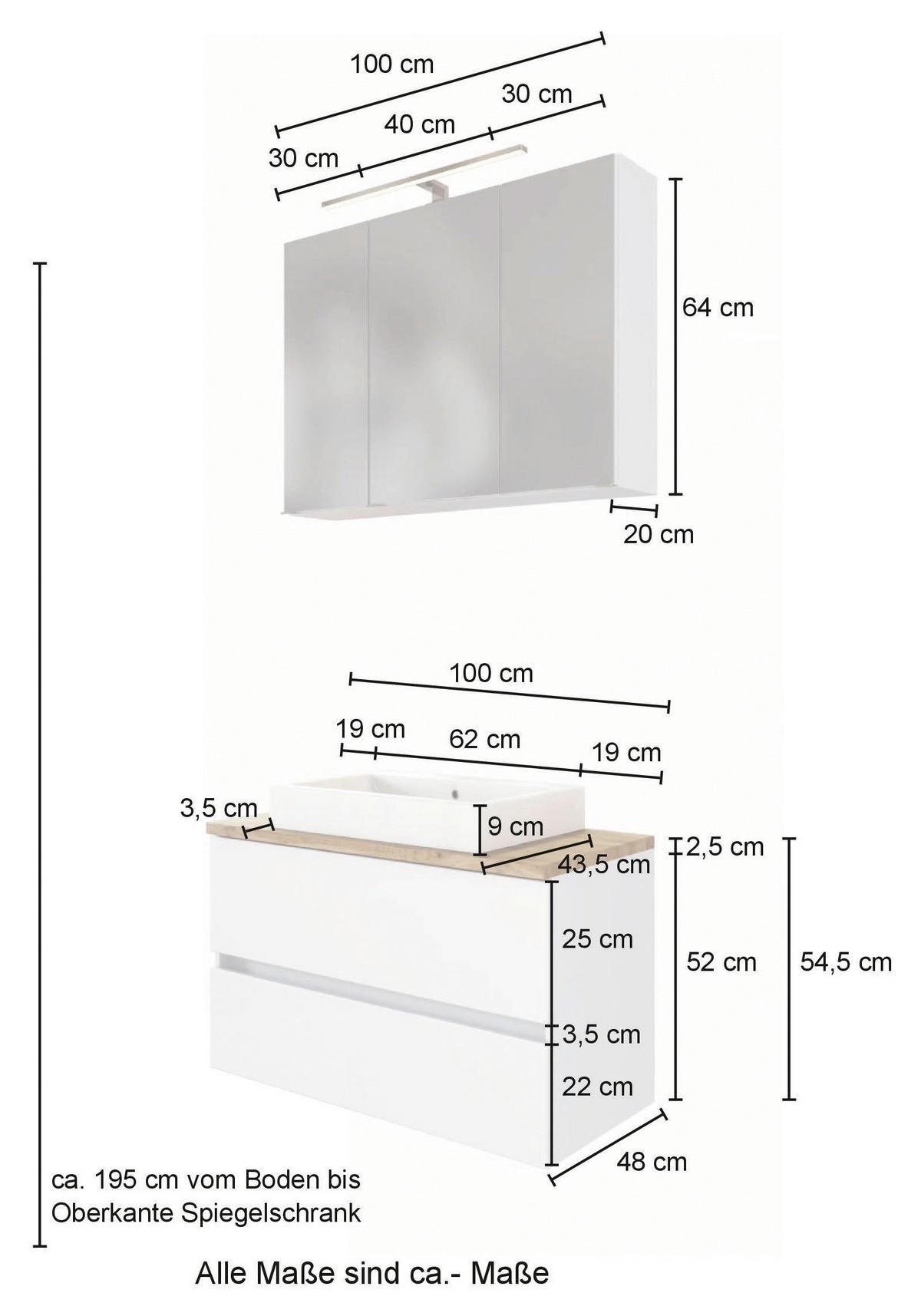 Badezimmer Pienza mit LED 3-türig ca. 100 cm Eiche Wotan - Eiche Wotan/Weiß, MODERN, Keramik/Holzwerkstoff (100cm) - Held