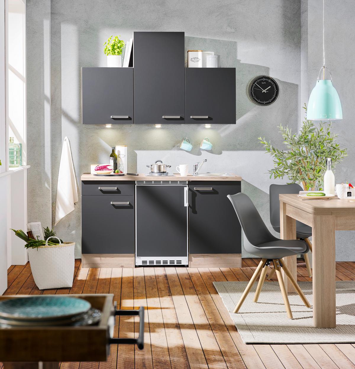 Küchenblock inkl. 2 E-Geräte Milano Anthrazit/Eiche - Eichefarben/Anthrazit, MODERN, Holzwerkstoff (150cm) - FlexWell