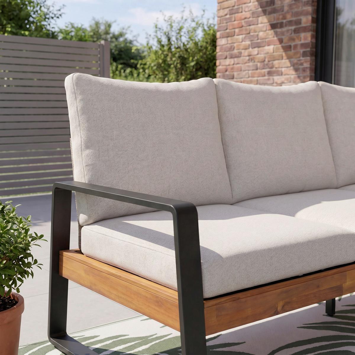 Dining-Loungeset Alexa Holz Outdoorstoff/Metall - Anthrazit/Creme, MODERN, Holz/Textil (208,5/81/85,5cm) - Bessagi Garden