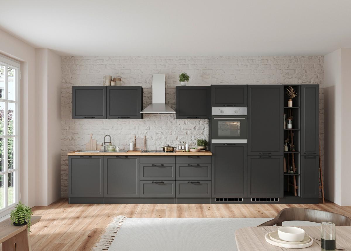 Küchenzeile Meran mit Geräten ca. 420 cm Grau/Eiche Dekor - Eiche Wotan/Schwarz, LIFESTYLE, Holzwerkstoff/Metall (420cm) - Held