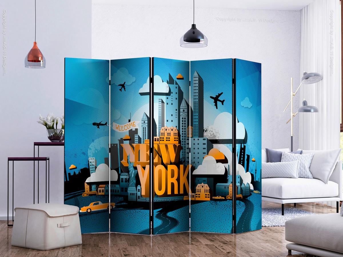 Paravan New York, 5-Delni, Dvostranski - svetlo modra/barve jantarja, Basics, tekstil/les (225/172/3cm) - artgeist