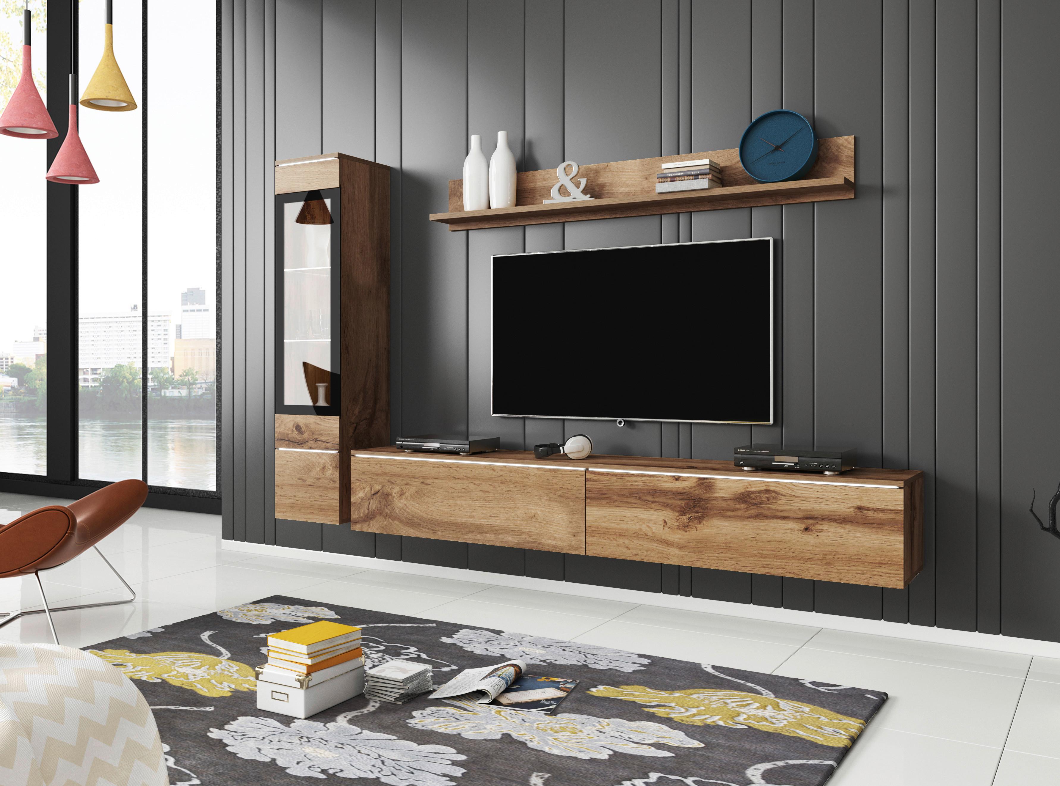 WOHNWAND VERA | EICHE WOTAN - Eiche Wotan/Grau, LIFESTYLE, Glas/Holzwerkstoff (210/130/33cm) - P & B
