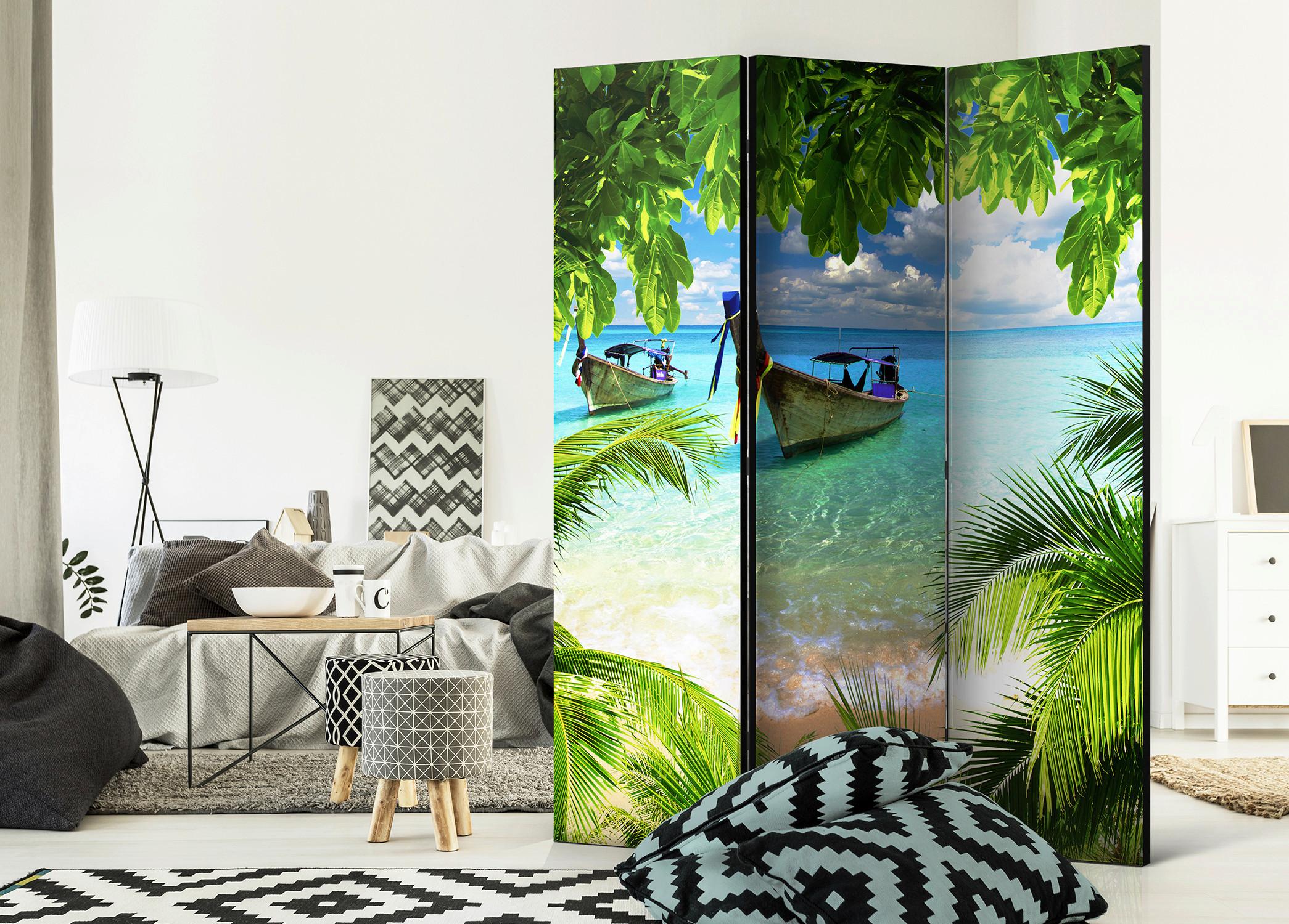 Paravan Tropical Paradise, 3-Delni, Dvostranski - svetlo modra/zelena, Basics, tekstil/les (135/172/3cm) - artgeist