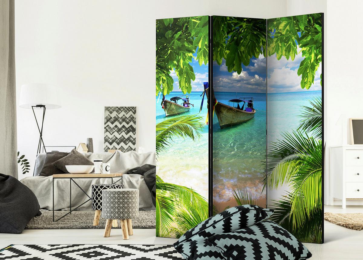 Paravan Tropical Paradise, 3-Delni, Dvostranski - svetlo modra/zelena, Basics, tekstil/les (135/172/3cm) - artgeist