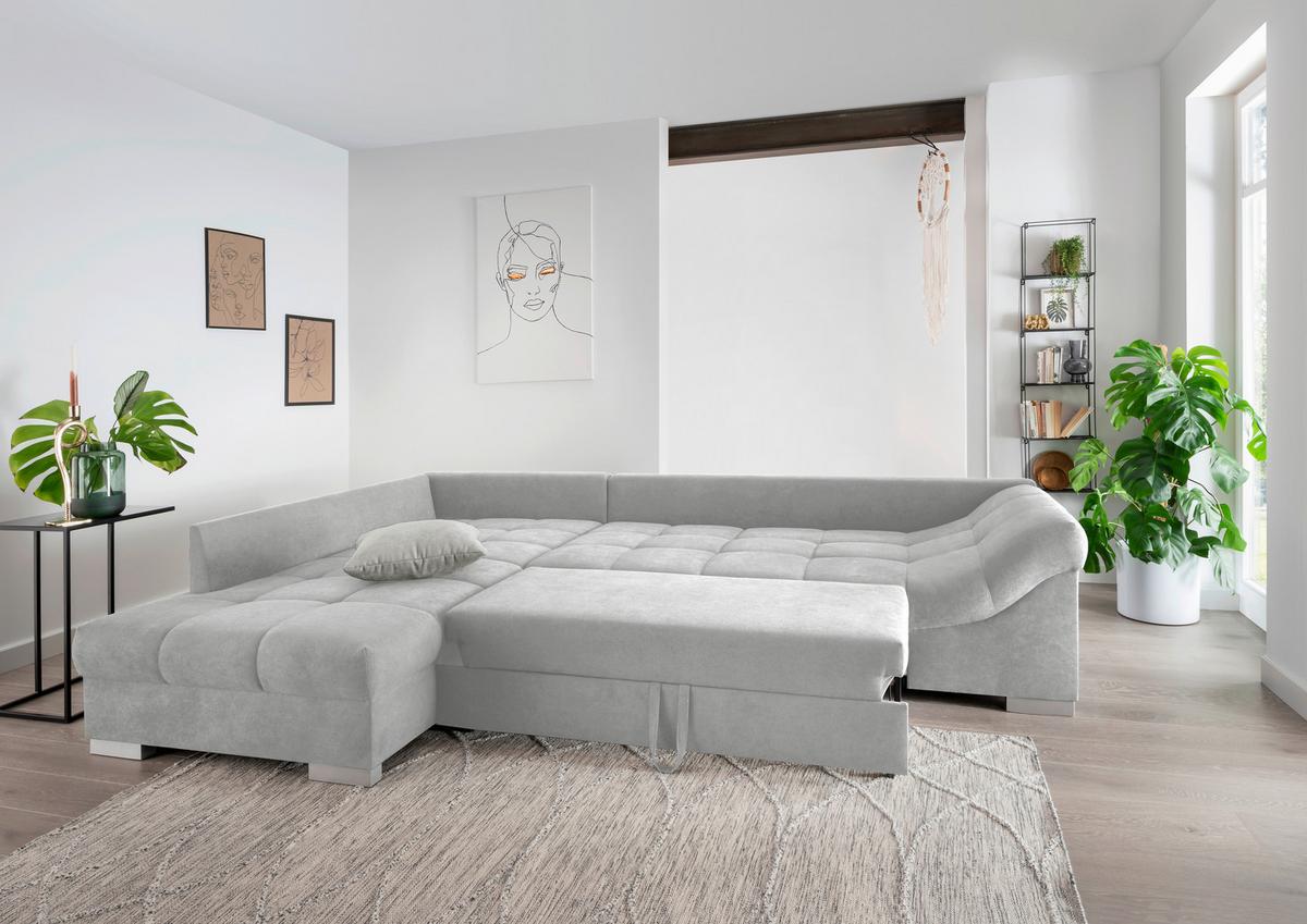 Wohnlandschaft Alvito Silberfarben Nylon/Mikrofaser - Silberfarben, Design, Holz/Textil (202/298cm) - MID.YOU