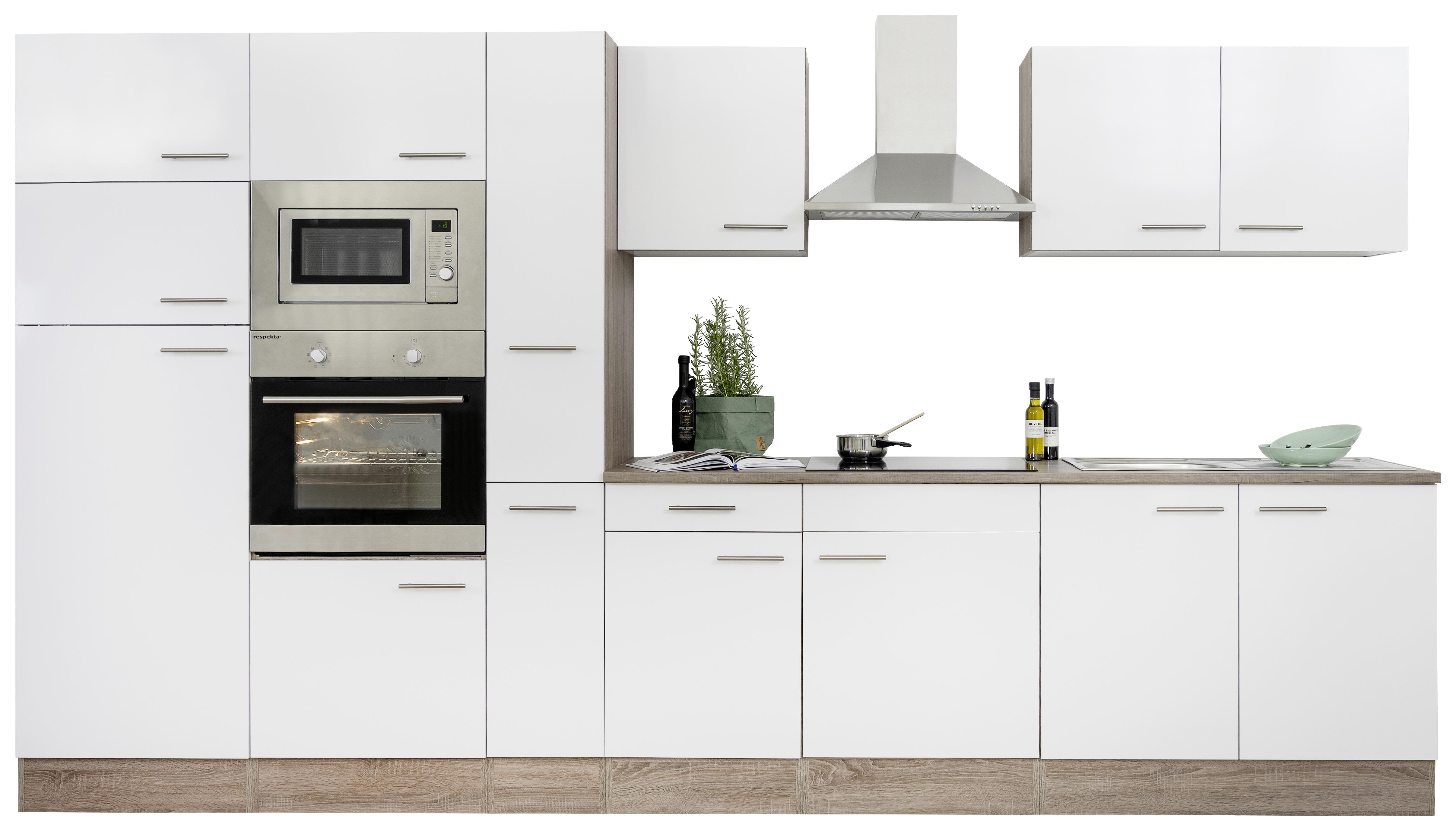Küchenblock mit Geräten Weiß/Eiche B: ca. 360 cm - Edelstahlfarben/Eichefarben, Design, Holzwerkstoff/Metall (360cm) - Respekta
