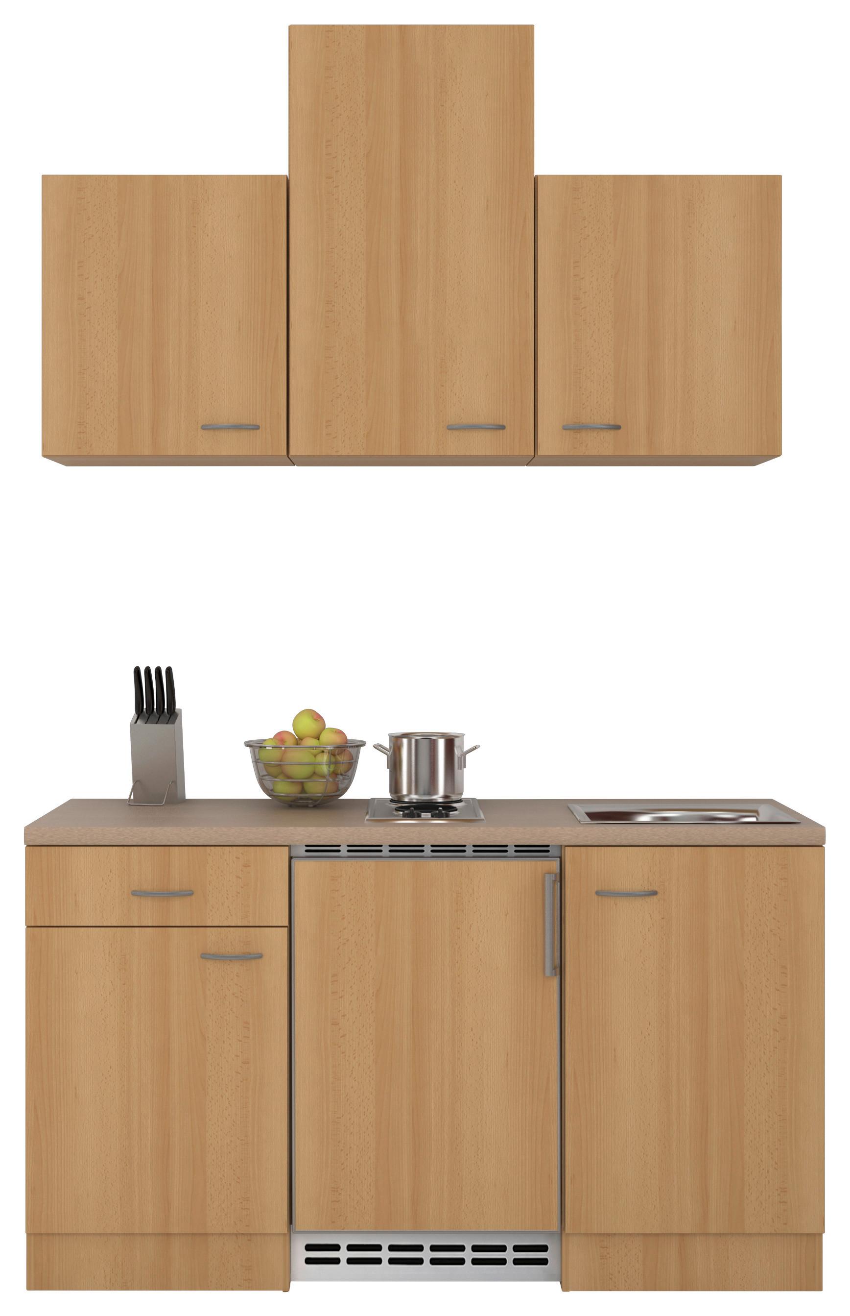 Miniküche Nano m. Geräten B: ca. 150cm Buchefarben - Edelstahlfarben/Beige, MODERN, Holzwerkstoff/Kunststoff (150cm) - FlexWell