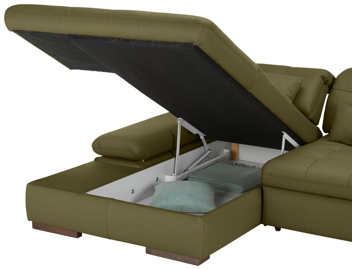 Wohnlandschaft Sanfino Leder Olivgrün - Chromfarben/Olivgrün, KONVENTIONELL, Leder/Metall (199/79-96/305cm) - Premium Living